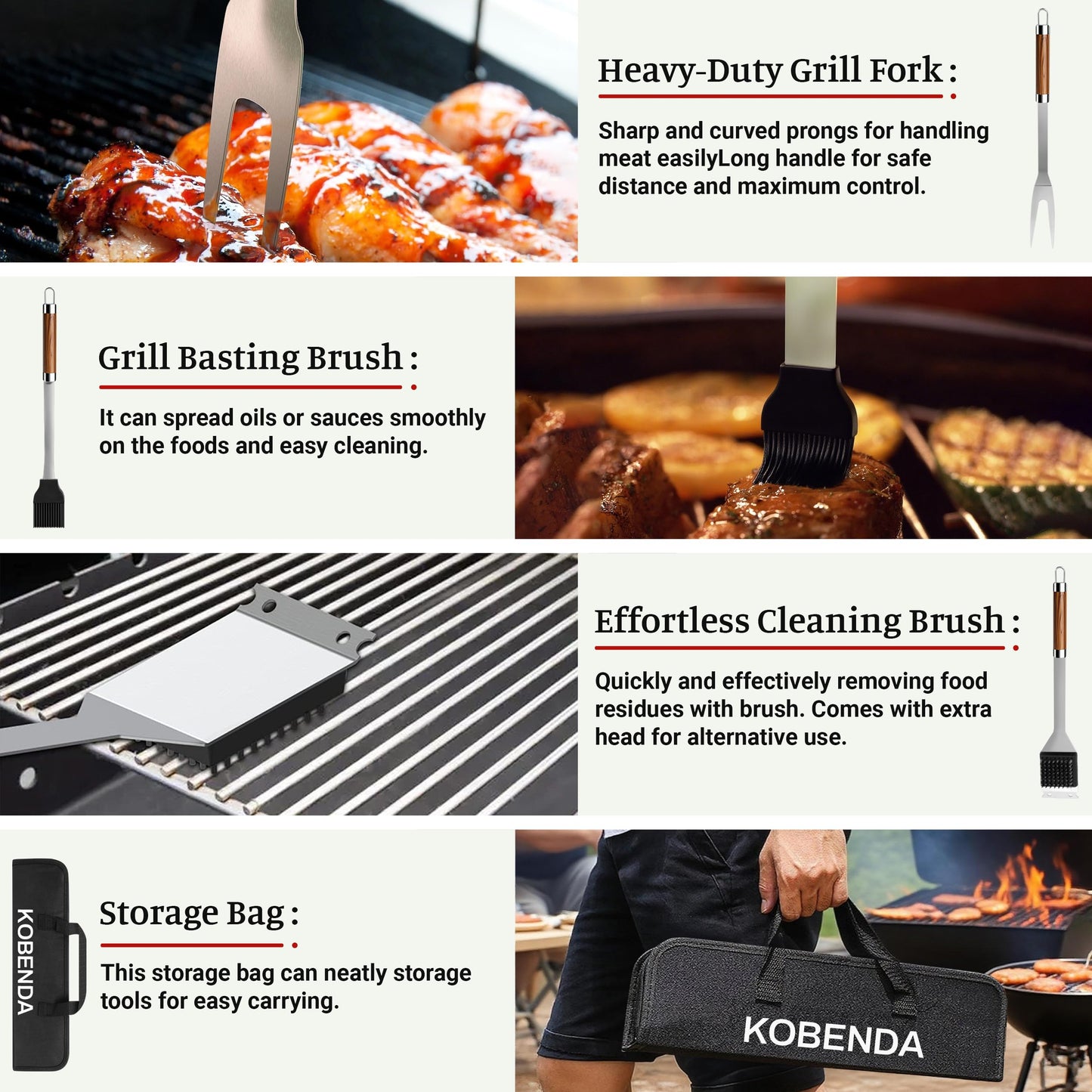 KOBENDA BBQ Grill Accessories, Stainless Steel Grilling Set with Storage Bag, Spatula, Fork, Cleaning Brush BBQ Accessories, Grill Tools Set for Outdoor Cooking Camping, Grilling Gifts for Men