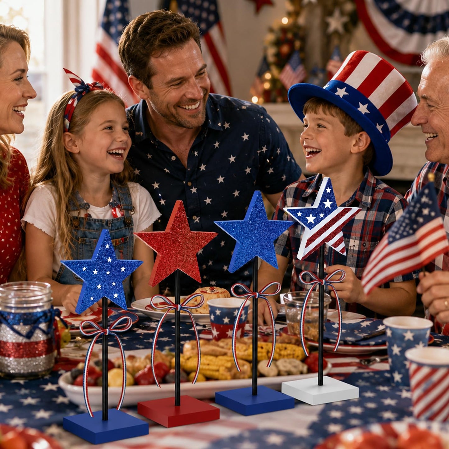 4th of July Tiered Tray Decor Wooden Shiny Star Set, 4 Pcs 250th Anniversary Centerpieces for Tables, Patriotic Tabletop Home Decor, Red White and Blue Decorations for Independence Day Party