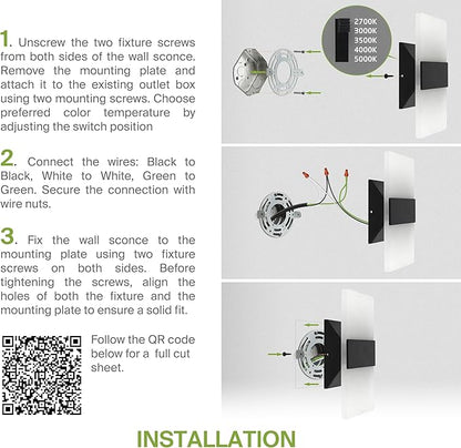 ASD 8 Inch LED Indoor Wall Sconce - Modern Interior 10W 120V 2700K-5000K Adjustable Dimmable Wall Mounted Light Fixtures, Acrylic Glass Wall Lights for Stairway, Hallway - ETL, Matte Black 2 Pack