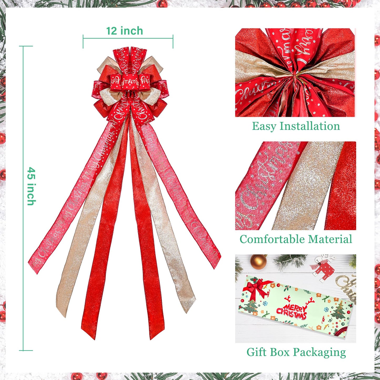 Christmas Tree Topper Christmas Wreath Bow 45"x12" Large Christmas Toppers Bow with Letter Patterned for Xmas Tree Rustic Farmhouse Home Holiday Party Decorations Red