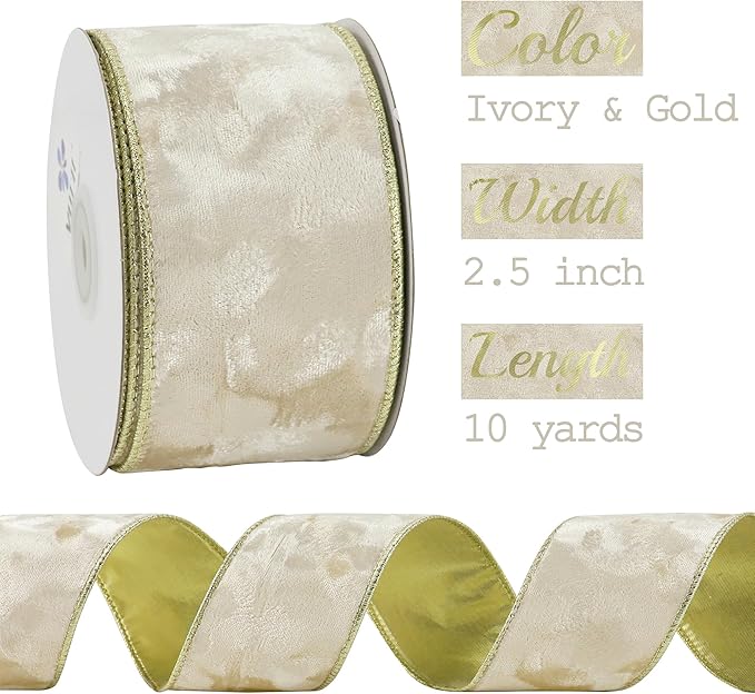 MEEDEE Ivory Velvet Ribbon with Gold Back 2.5 inch 10 Yards Double Sided Christmas Wired Ribbon for Christmas Tree Decoration, Baskets, Wreaths, Holiday Projects, Wedding Decor and Accents
