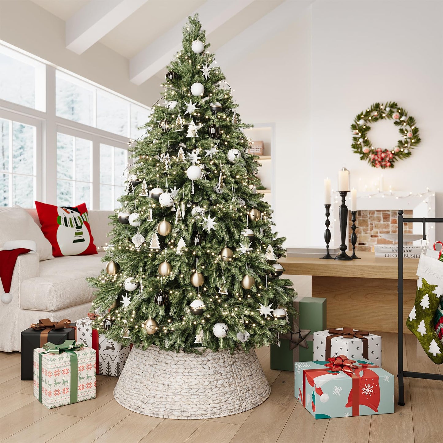 ELYKEN 28-Inch Woven Rattan Christmas Tree Collar, Stylish Hyacinth 5-Piece Tree Skirt for Artificial Trees, Wicker Tree Base Cover with Cord Cut-Out for Home Decor, Living Room Display, White Wash