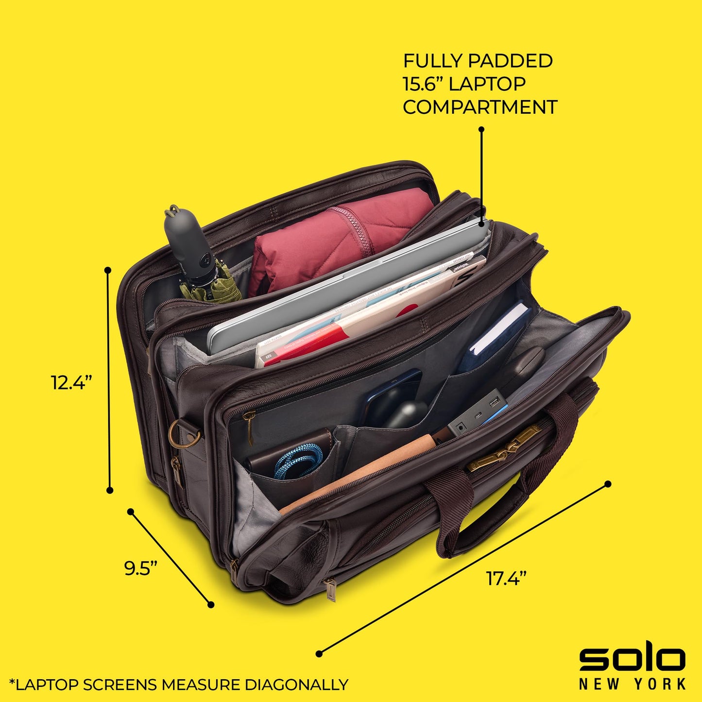 Solo New York Briefcase - Laptop Carrying Bag for Women & Men, Brief for Travel & Work, Padded Shoulder Strap, Premium Leather Body, Fits 15.6" Computer - Espresso