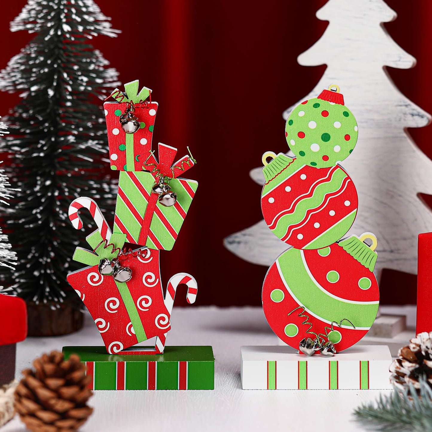 Amyhill 2 Pcs Christmas Table Decorations 5.9 Inch Wooden Xmas Centerpieces Red Green Gifts Box and Ball Ornaments Shape Christmas Signs Tabletop with Bells for Table Shelf Fireplace Holiday