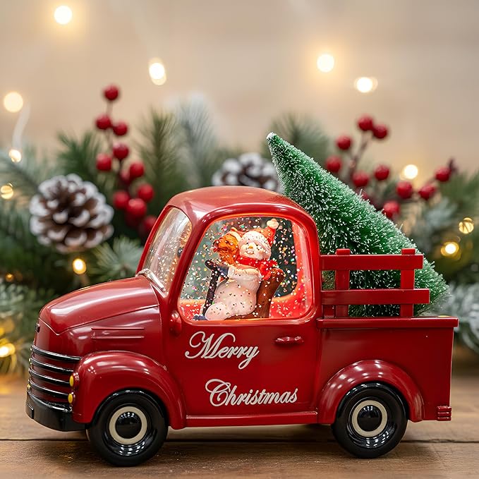 Christmas Snow Water Lantern Glittering Snowman and Pup in Red Truck with Christmas Tree, USB Lined/Battery Operated Lighted Spinning Lantern for Christmas Festival Decoration Gifts