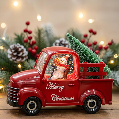Christmas Snow Water Lantern Glittering Snowman and Pup in Red Truck with Christmas Tree, USB Lined/Battery Operated Lighted Spinning Lantern for Christmas Festival Decoration Gifts