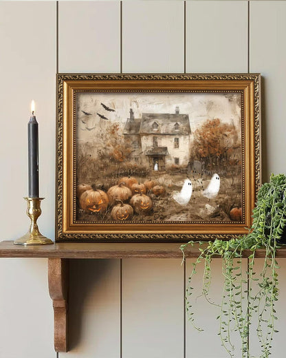 Vodefoad Retro Detachable Gold Framed Wall Art for Home Decor Halloween Pumpkins with Cute Ghost Farmhouse Gold Framed Wall Decor Prints Halloween Gothic Dark Academia Painting Picture for Kitchen, Gallery, Bathroom Wall decor - 8x10Inch