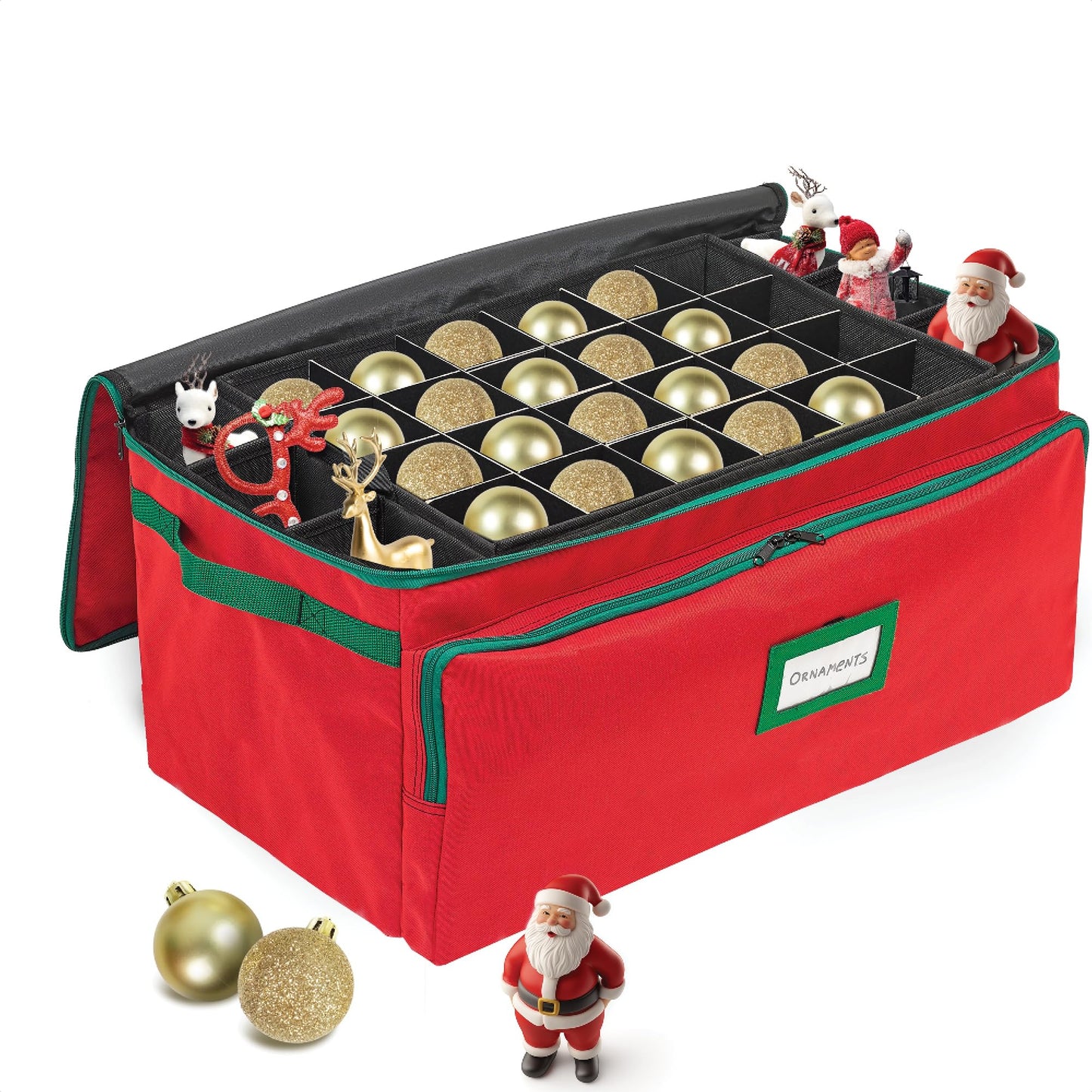 Premium Christmas Ornament Storage Box – Holds up to 72-3” Ornaments + 6 Side Slots for Figurines & Nutcrackers – Holiday Decoration Organizer – Durable 600D Red Canvas