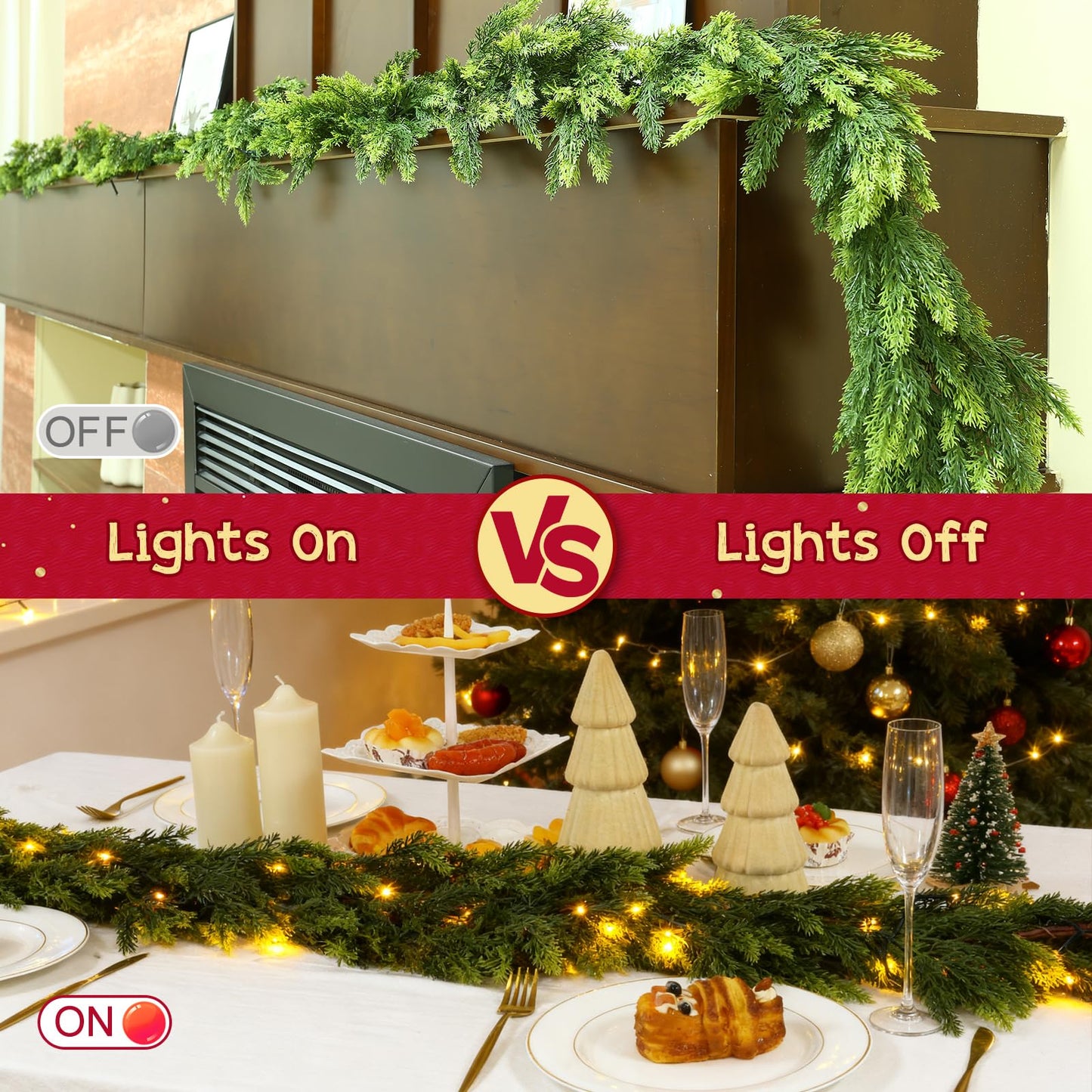 Joyhalo 6FT Christmas Garland Real Touch Cedar Garland Artificial Realistic Faux Cedar Garland with Lights for Mantle, Fireplace, Stairs Railing,Table Decor and Indoor Christmas Decorations
