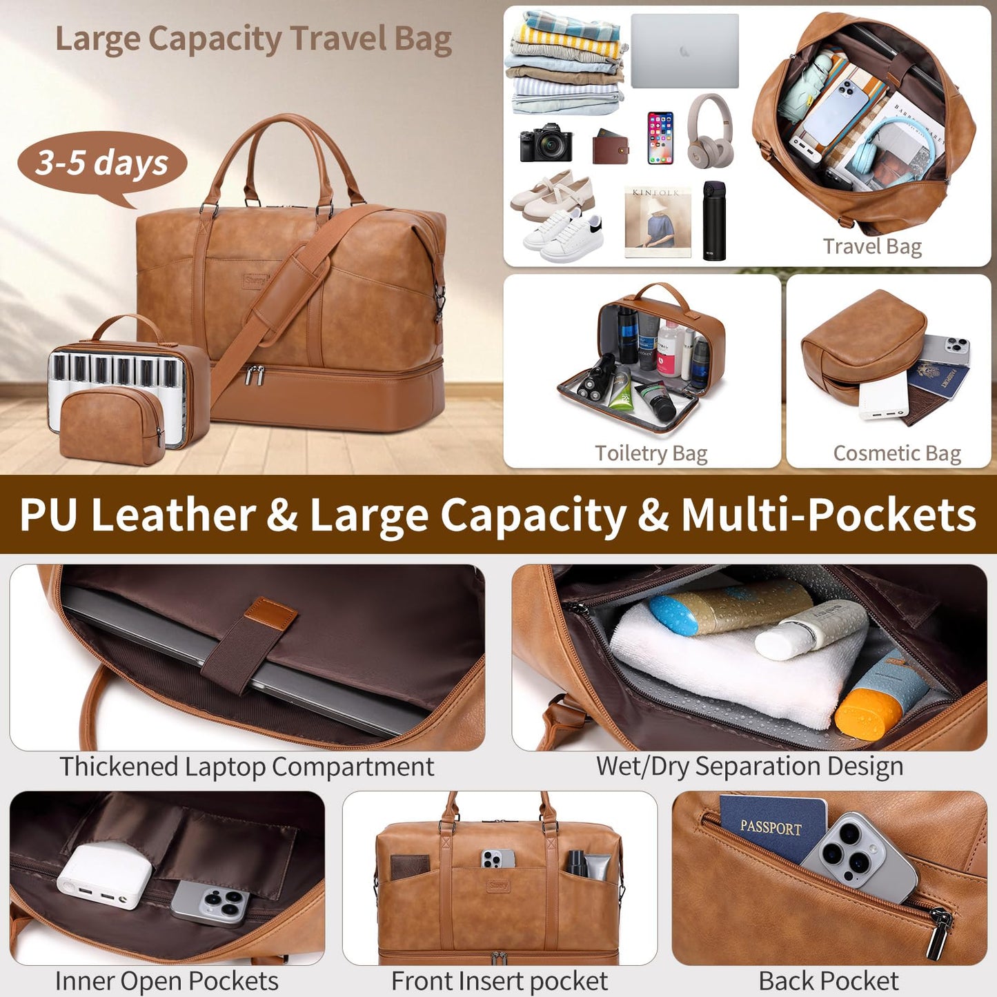 Faux Leather Weekender Bags for Women: Large Overnight Bags Travel Duffel Bag Carry On Shoulder Weekend Tote with Shoe & Laptop Compartment & Toiletry Bags for Airplane Traveling Gym, Brown