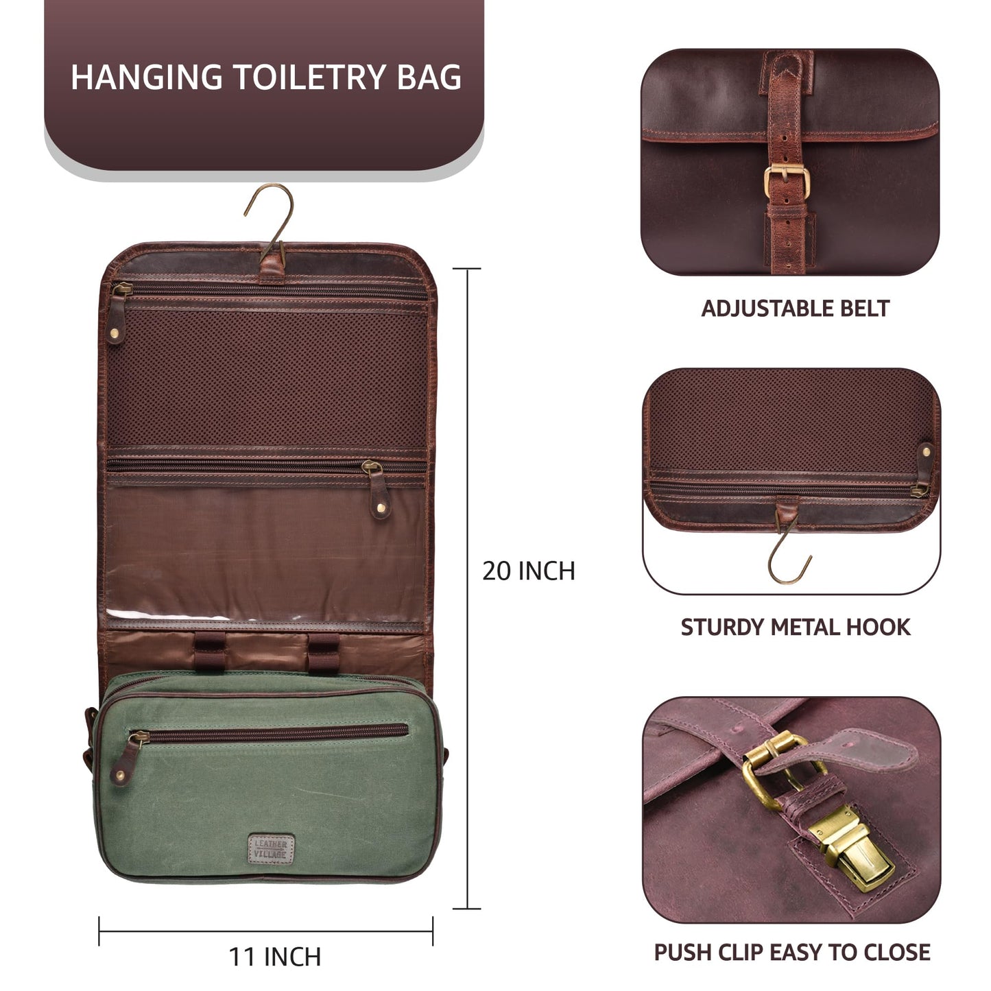 LEATHER VILLAGE Hanging Genuine Leather Toiletry Bag for Men & Women with Waterproof Lining – Handcrafted Vintage Travel Dopp Kit, Shaving Organizer & Shower Bathroom Essentials Case - Cherry