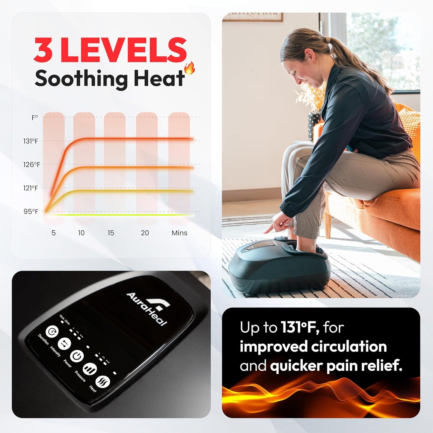 Shiatsu Foot Massager with Heat & Deep Kneading - Relieves Plantar Fasciitis, Neuropathy & Foot Fatigue - Features Adjustable Heat & 3 Compression Setting - Fits Up to Men’s Size 14