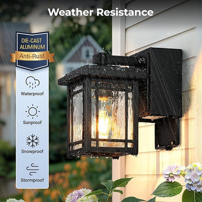 2-Pack Porch Light with GFCI Outlet, Black Dusk to Dawn Outdoor Lantern Wall Mount, Modern Outdoor Sconces Wall Lighting with Glass Shade, Waterproof Outdoor Light Fixtures for House, Garage