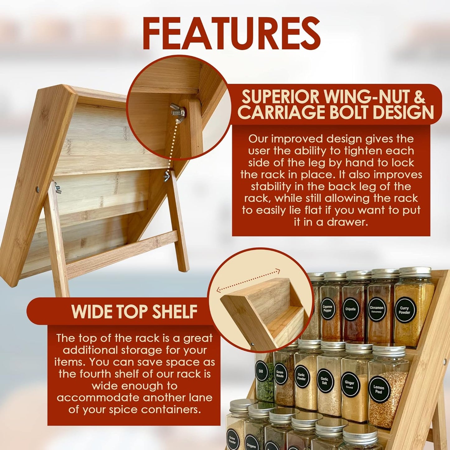 Bamboo Spice Rack and Organizer, 3-tier Seasoning Spice Jar Organizer, Excellent Tiered Wooden Spice Racks Free Standing for Cabinet Drawers and Countertop [Spice Jars Not Included]