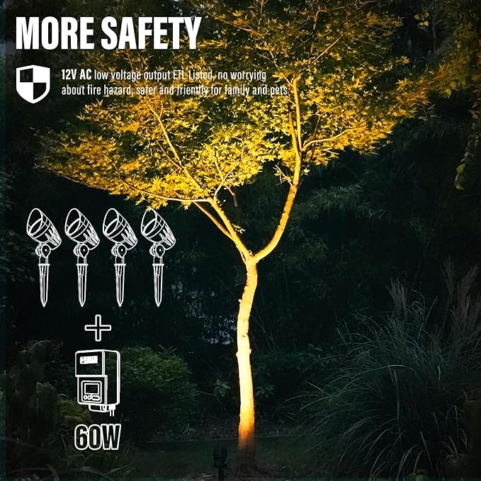 VENUS MANUFACTURING 4 Pack Low Voltage Landscape Flood Light 5Watt LED Outdoor Landscape Lighting Kits 400 Lumen Black Waterproof Spotlights 12V 2700K Warm White Metal Tree Lights for Garden & Yard