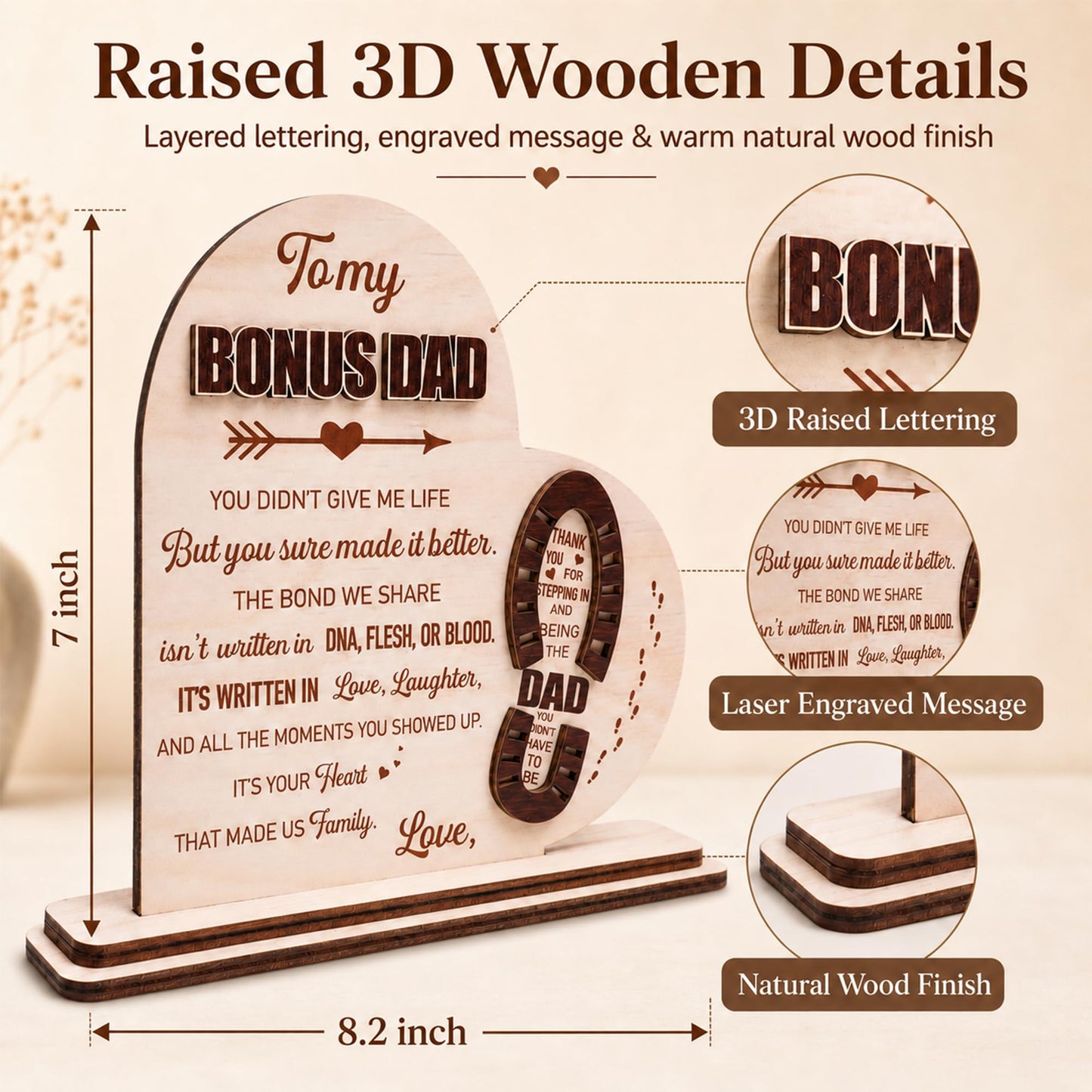 Stepdad Gifts from Stepdaughter Stepson for Fathers Day, Gifts for Step Father Bonus Dad Birthday Christmas Father's Day, Bonus Dad Gift, Stepped up Dad Plaque, To My Bonus Dad Wooden Plaque Sign Desk Decorative Home Decor