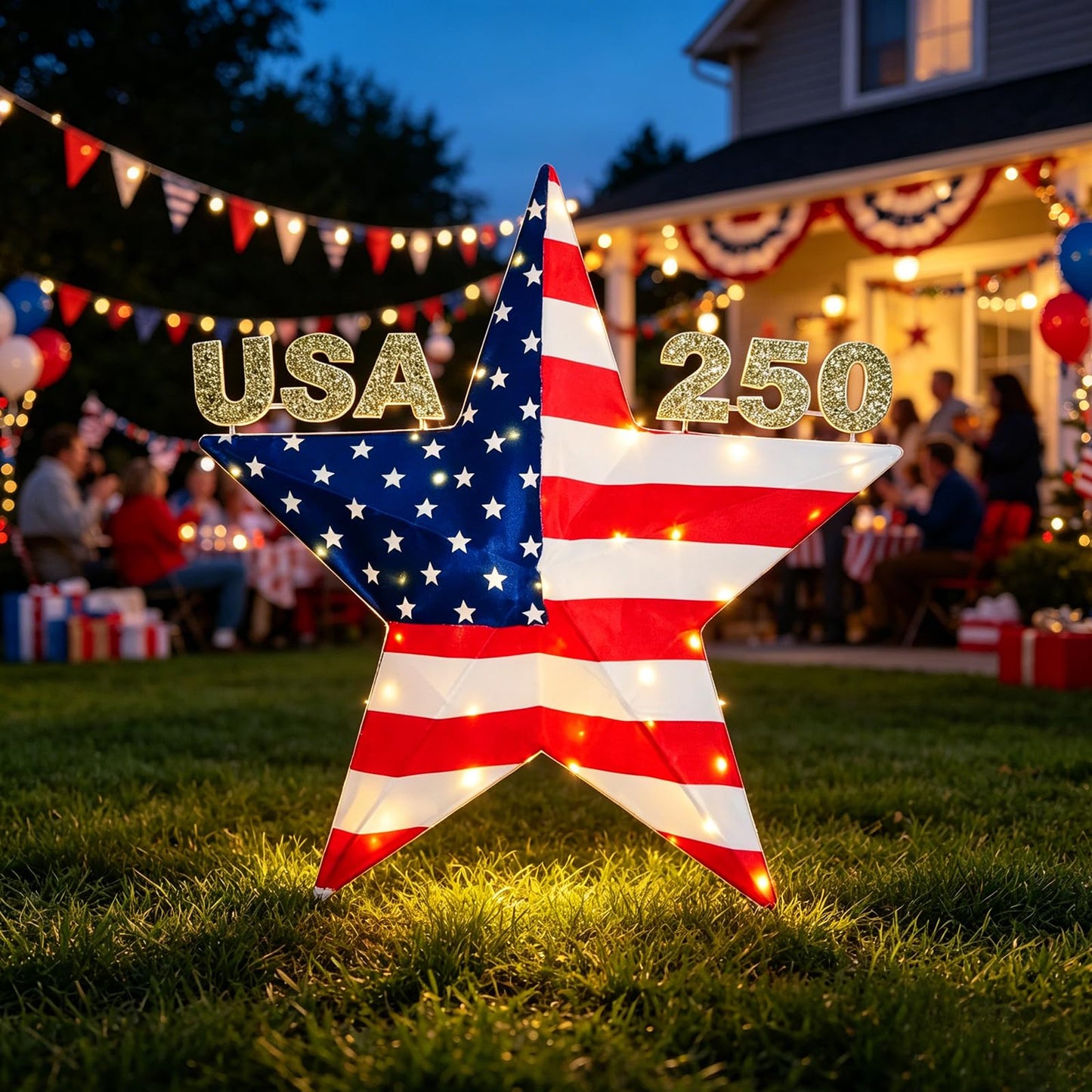 4th of July Decorations Light, USA 250 Lighted Patriotic Star with 38 Lights, American Flag Yard Decoration for Garden, Lawn, Porch, Red White and Blue Independence Day Decor
