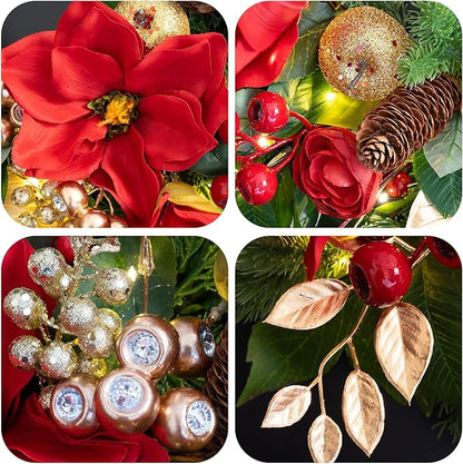 24 Inch Magnolia Christmas Wreath for Front Door, Christmas Wreath with LED Lights, Red Flowers, Red Berries, Pinecones Christmas Decorations，Winter Door Wreath for Wall Window Indoor or Outdoor