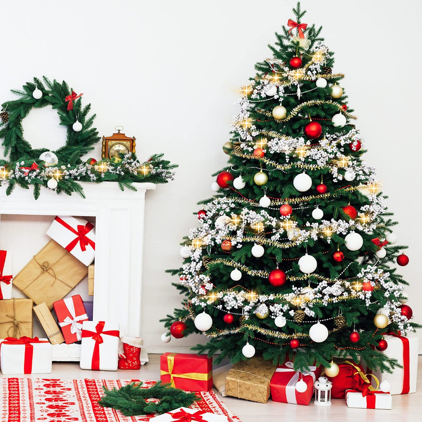 Syhood Winter Berry String Garland with Lights Thanksgiving Artificial Lighted Garland for Home Xmas Winter Tree Decor Office Fireplace Mantel Decoration Holiday Valentines, 6 Ft(White, 1 Pc)