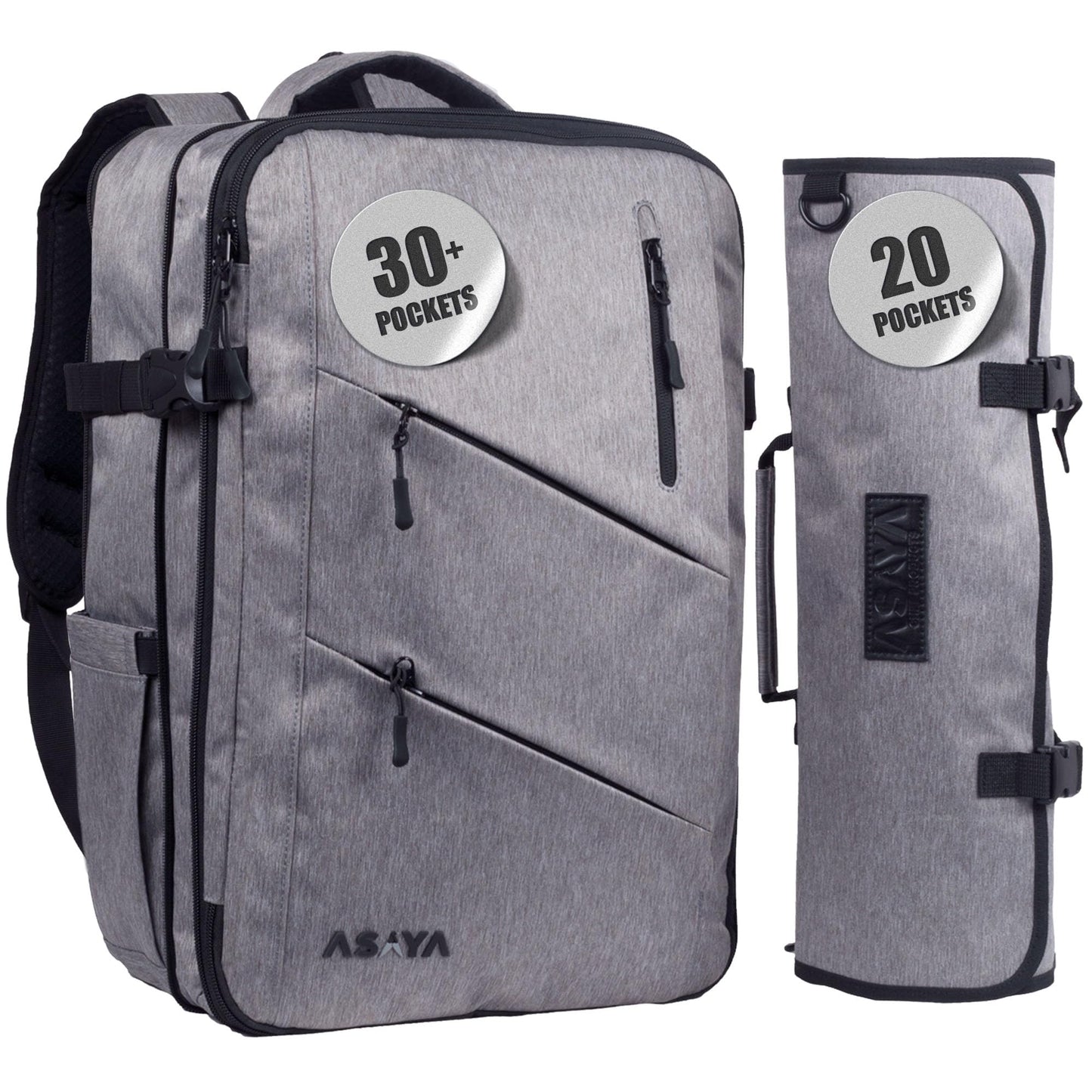 Asaya Chef Knife Backpack with 20-Pocket Knife Roll Bag - Over 30 Storage Pockets Chef Bag, Professional Backpack for Chefs and Culinary Students – Knives Not Included (Grey)
