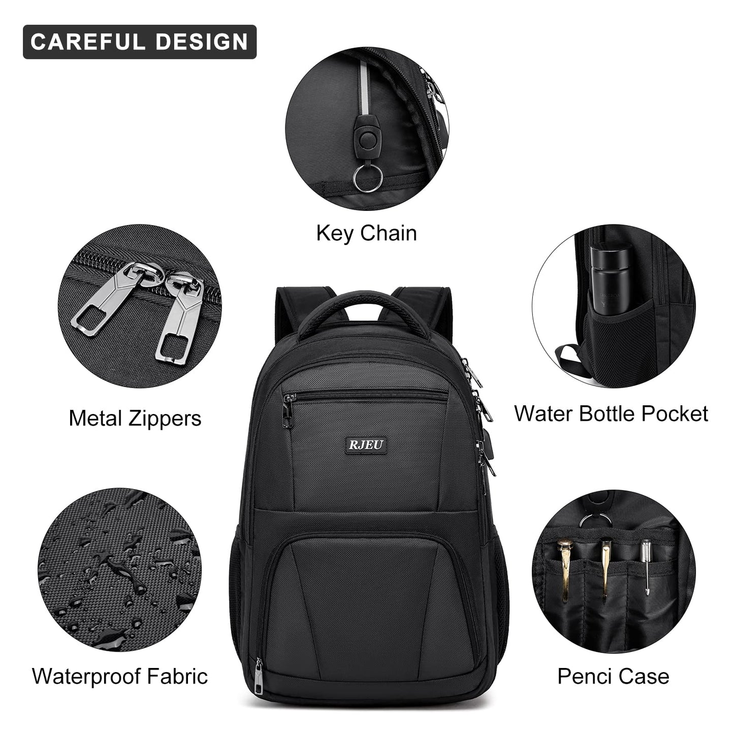 RJEU School Backpack for Teen Boys & College Students - 17.3 Inch Laptop Backpack with USB Charging Port, Anti-Theft Water Resistant Large Bookbag for Men, Travel & Work, Black
