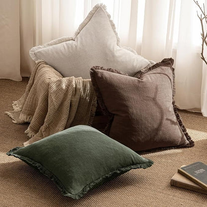 MIULEE Decorative Throw Pillow Covers Neutral Fringe Throw Pillows Set of 2 Rifle Green Boho Farmhouse Cushion Covers with Tassels for Couch Sofa Bed Living Room Spring Home Decor 20x20 Inch