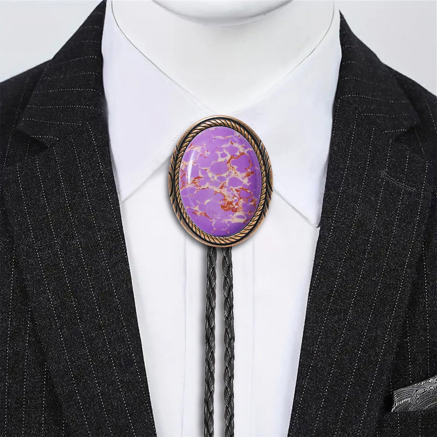 joymiao Bolo Tie Men Western Cowboy Neck Tie Vintage Country Style Bronze Pendant Leather Necktie Purple Turquoise Stone Mens Accessories