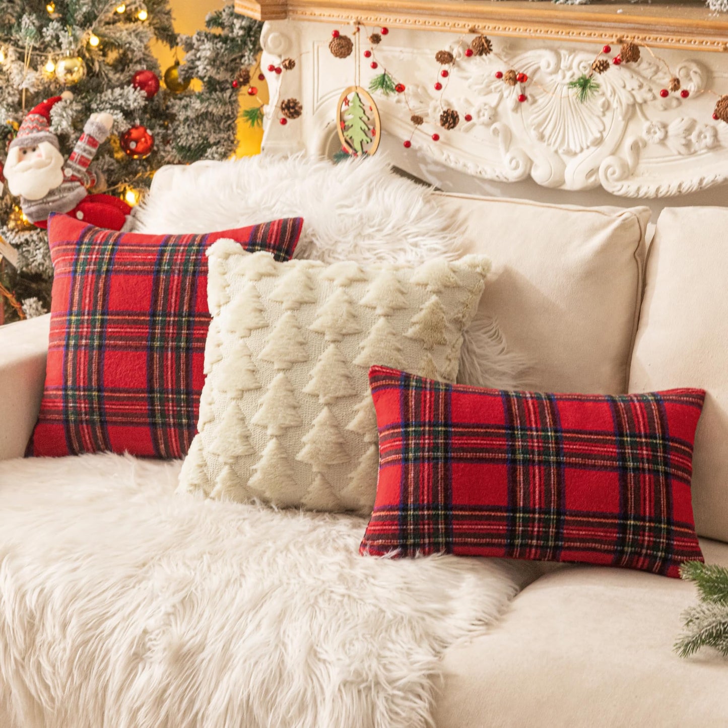 AQOTHES Christmas Plaid Throw Pillow Covers Set of 2 Scottish Tartan Winter Farmhouse Cushion Cover for Couch Sofa Bed Porch Home Holiday Decor Red 18 x 18 Inch