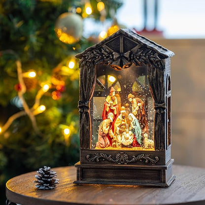 Three Kings Three Saints Window Christmas Snow Globe Swirling Glittering Nativity Figurines Manger Scene, USB Lined/Battery Operated Lighted Water Lantern for Christmas Festival Decoration Gifts