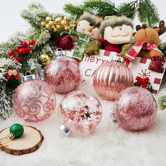 XmasExp 4ct Christmas Ball Ornaments Set -Large Clear Plastic Shatterproof Xmas Tree Ball Hanging Baubles Stuffed Delicate Glittering for Holiday Wedding Xmas Party Decoration (100mm/3.94",Rose Gold)