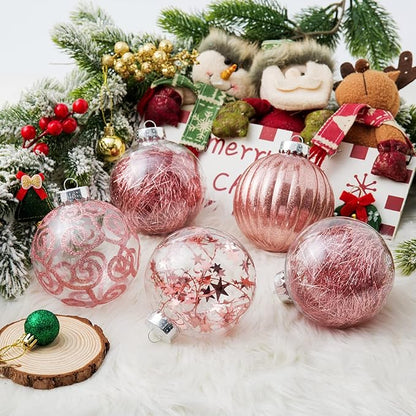 XmasExp 4ct Christmas Ball Ornaments Set -Large Clear Plastic Shatterproof Xmas Tree Ball Hanging Baubles Stuffed Delicate Glittering for Holiday Wedding Xmas Party Decoration (100mm/3.94",Rose Gold)
