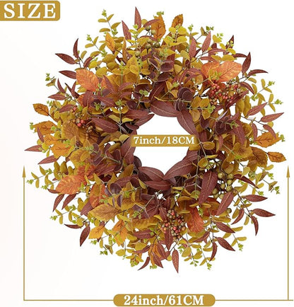 Fall Wreaths for Front Door 24 Inch Large Artificial Autumn Wreath with Eucalyptus Leaves Harvest Thanksgiving Indoor Outdoor Decor Porch Window Wall Farmhouse Rustic Hanging Door Decorations
