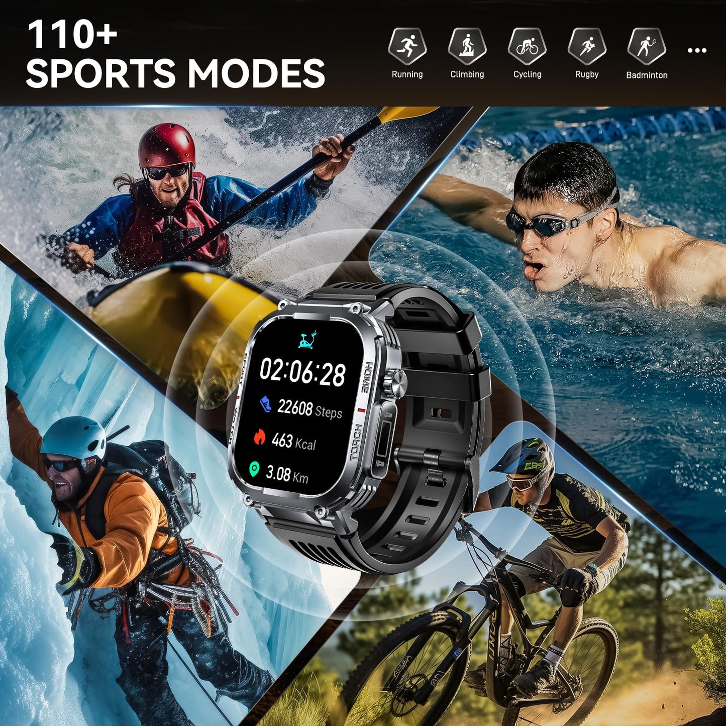 Bassizo Military Smart Watch for Men 3ATM Waterproof with Call/LED Flashlight 2.02" HD Big Screen Rugged Tactical Smartwatch with Compass Fitness Tracker with HR/SPO2/Sleep Monitor for iPhone Android