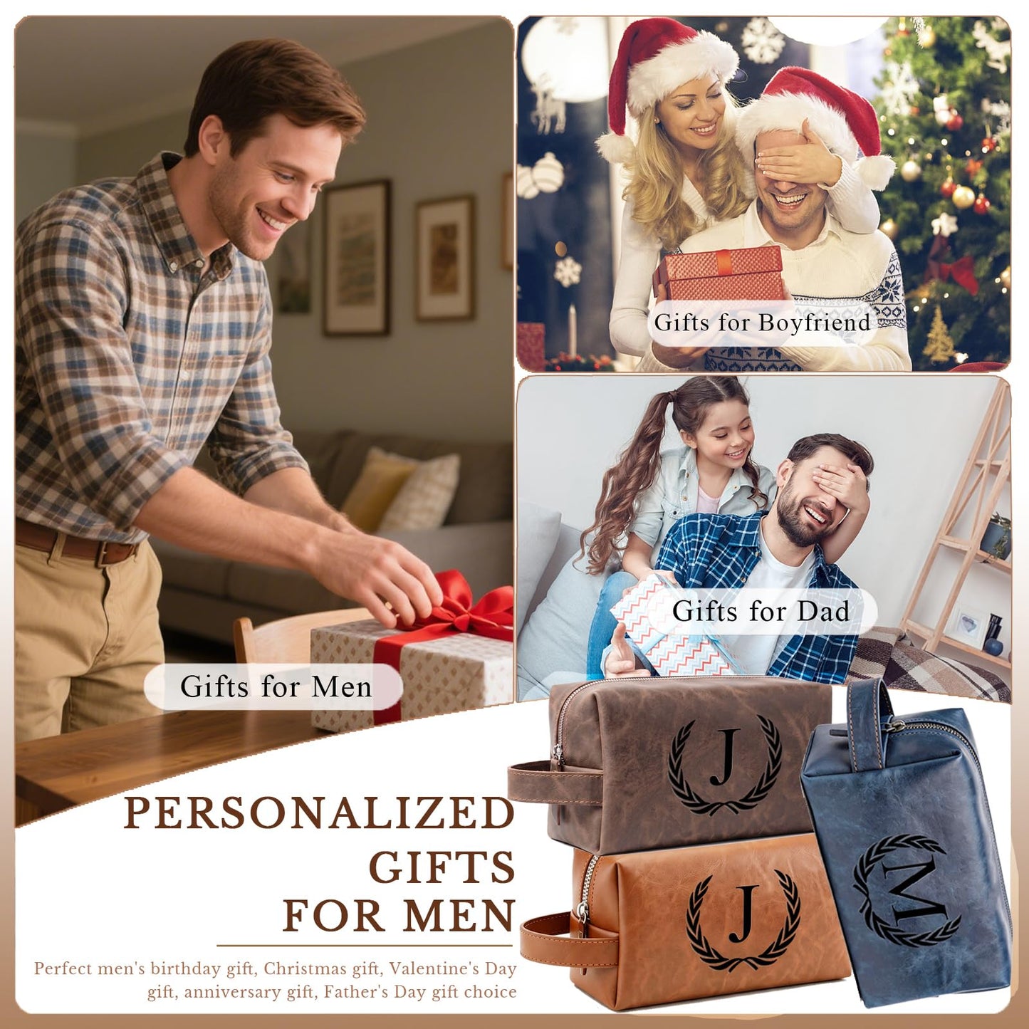 XUMGCUTM Personalized Leather Toiletry Travel Bag for Men Custom Christmas Birthday Gifts for Men Groomsmen Dad Husband Boyfriend Engraved Initial Waterproof Shaving Bags(B, Light Brown)