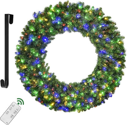 60in Large Christmas Wreath - HOYECHI Lighted Wreaths Holiday Decor, Outdoor Wreath with 300 Colorful LEDs, 930 PVC Tips, Metal Hook, 9 Functions, Timer, Power Plug-in, Remote Controls