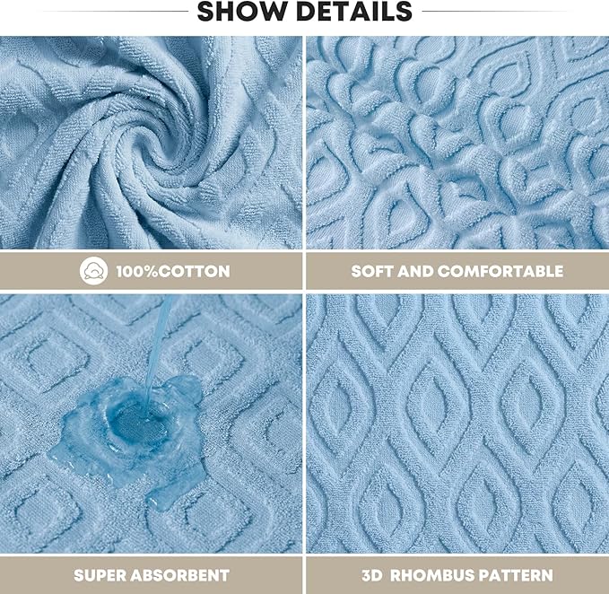 Artoid Mode 2 Pcs Light Blue 3D Diamond Grid Jacquard Hand Towels