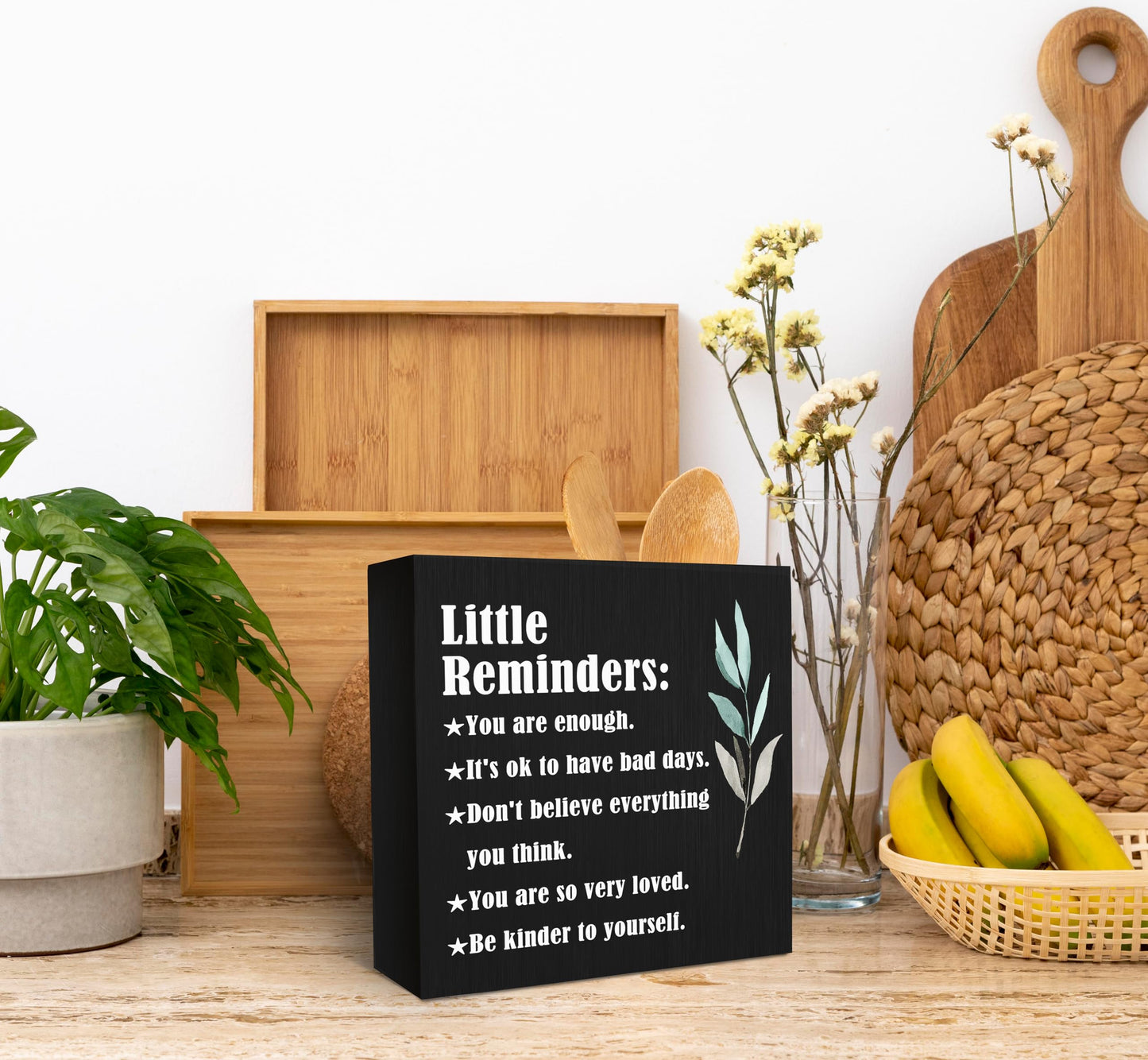 SRADMO Inspirational Little Reminders Wood Box Sign Desk Decor 6x6, Inspirational Desk Decor, College Motivational Positive Affirmation Gifts Box Sign For Office Home Table Shelf Decoration(Black)