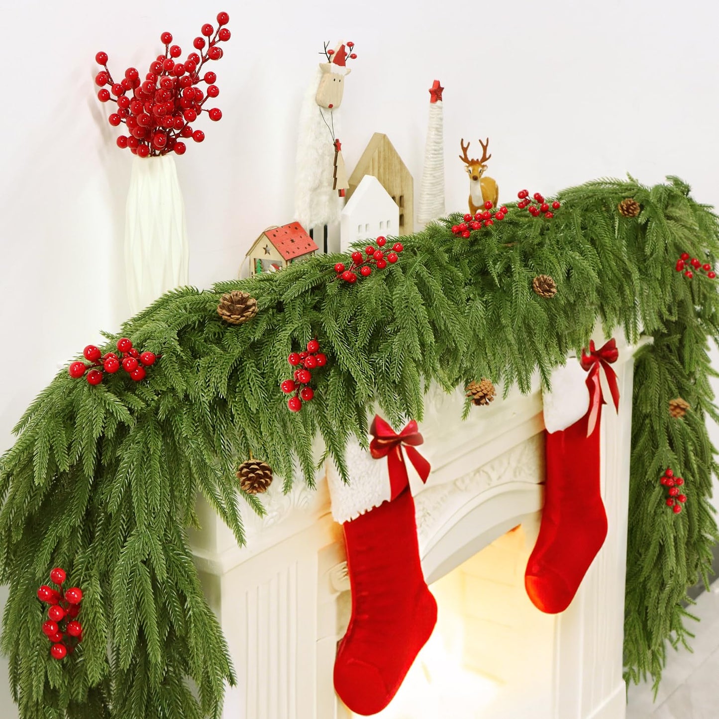 9FT Artificial Norfolk Pine Garlands - Real Touch Winter Pine Garland, Green Artificial Greenery Garland for Mantle, Table, Wall, Indoor & Outdoor Fireplace Christmas Decorations