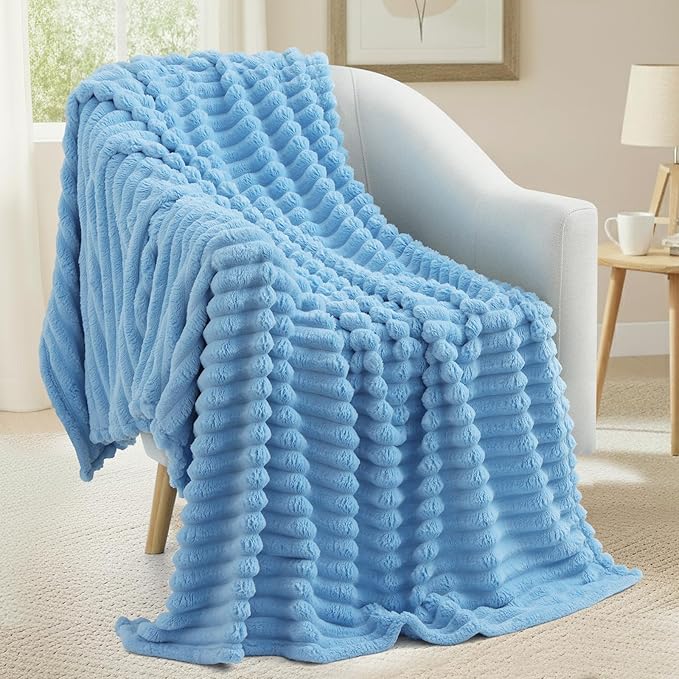 decorUhome Soft Fleece Blue Blanket Queen Size for Bed, Cozy Fluffy Plush Flannel Large Striped Throws for Couch Sofa, Lightweight Decorative Fuzzy Blanket for Woman, 90x90 Inches