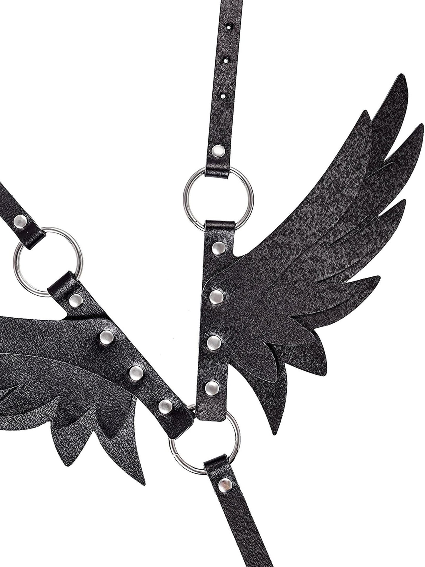Women Adjustable Faux Leather Fashion Harness with Wing Detail, Punk Gothic Back Harness Accessory for Dresses Tops(Waist 26.4-39.4in) Black