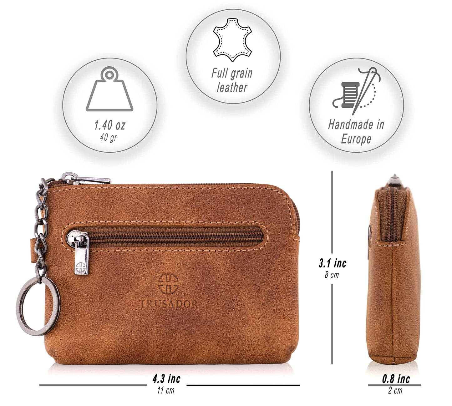 Trusador Milano Unisex Leather Front Pocket Wallet Coin Purse Zipper Pouch with Keychain (Cognac)