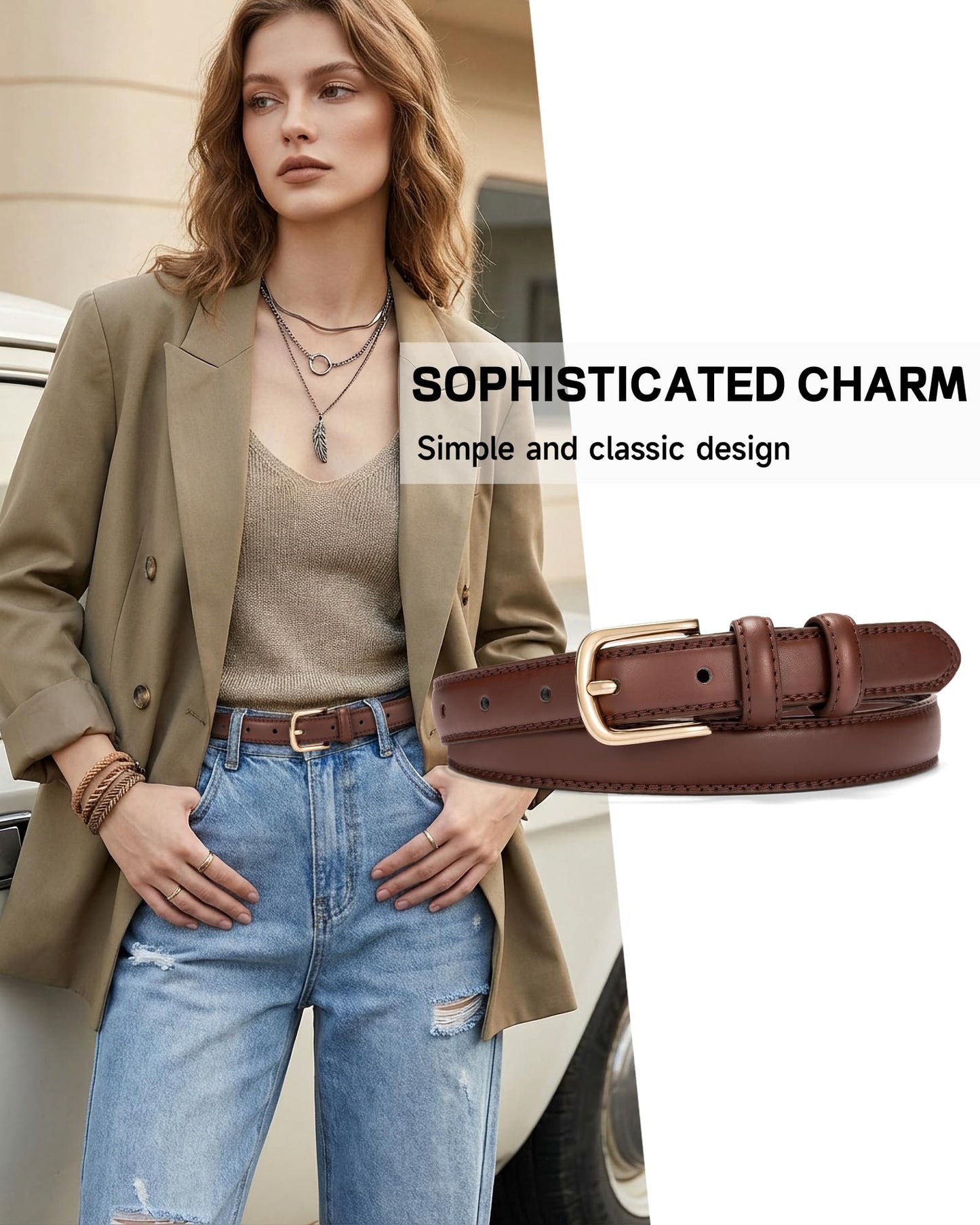 Alphyly Neries 2 Pack Leather Belts for Women Trendy, Women's Belts for Jeans Pants Dresses with Gold Buckle, Black and Coffee, Fits Waist Size 39-43”