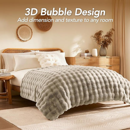 L'AGRATY Faux Rabbit Fur Blanket: 60" x 80" Twin Luxury Soft Fluffy Thick Fur Throw Blanket for Couch Bed Sofa - Cozy Plush Bubble Blankets for Winter: Flannel Fleece Decorative Blanket(Castle Grey)