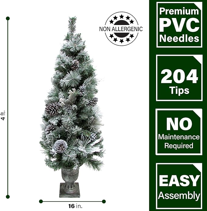 Fraser Hill Farm 4-Ft. Christmas Snow Flocked Porch Tree with Oversized Pinecones in Ornamental Pot, FF048CHPT001-0SN