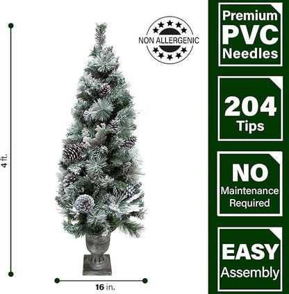 Fraser Hill Farm 4-Ft. Christmas Snow Flocked Porch Tree with Oversized Pinecones in Ornamental Pot, FF048CHPT001-0SN