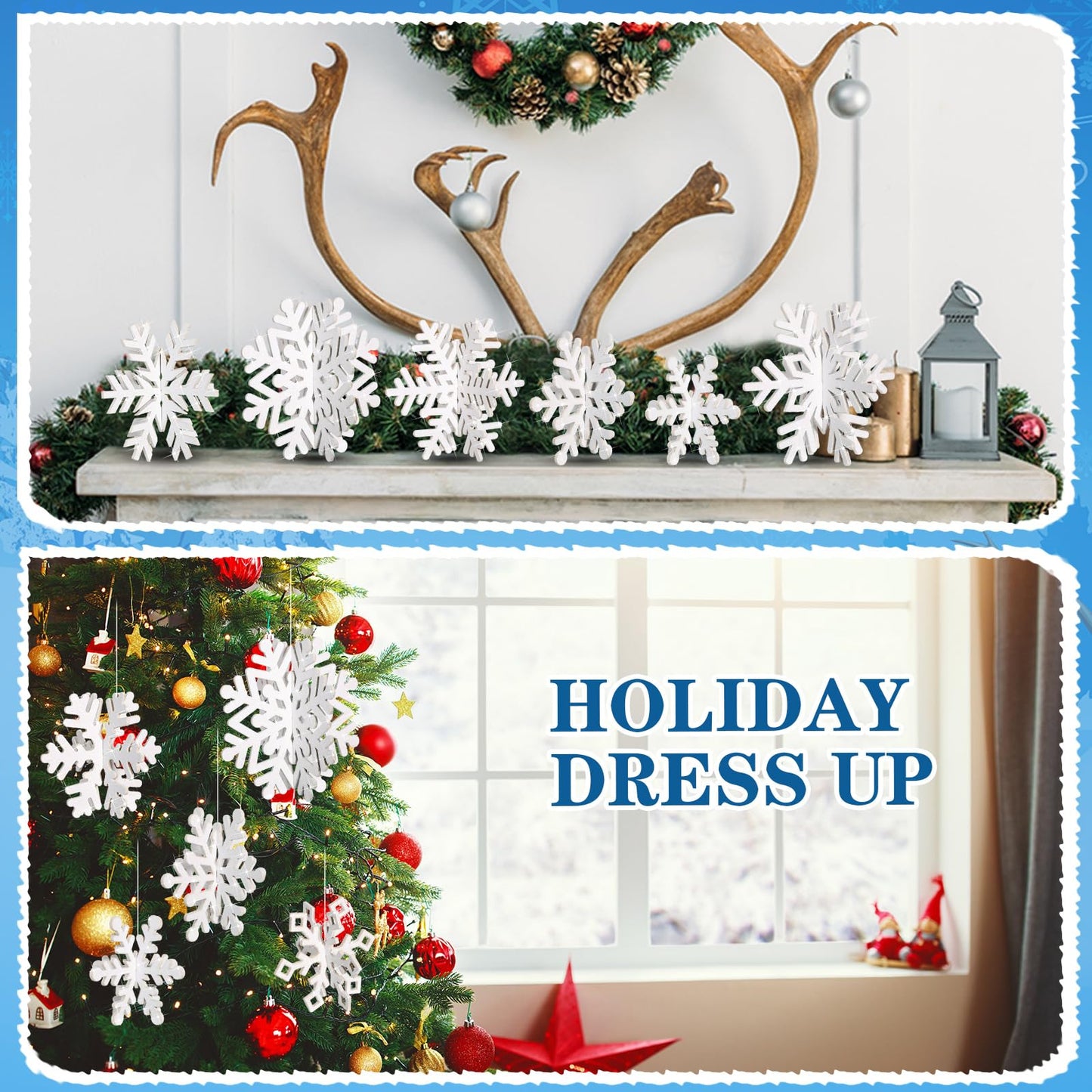 Sawysine 16 Pcs Glitter Wooden 3D Snowflake Decor Christmas Table Decorations Snowflake Signs Winter Wooden Xmas Standing Centerpiece Fireplace Decoration for Winter Holiday(White)