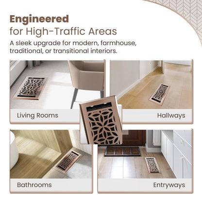 Floor Vent Covers – 4x10 Floor Register – Heavy-Duty Steel, Rustproof & Walkable Grates, Drop-in Install, Adjustable Airflow – Decorative (Floral Satin Rose Bronze, 8 Pack)