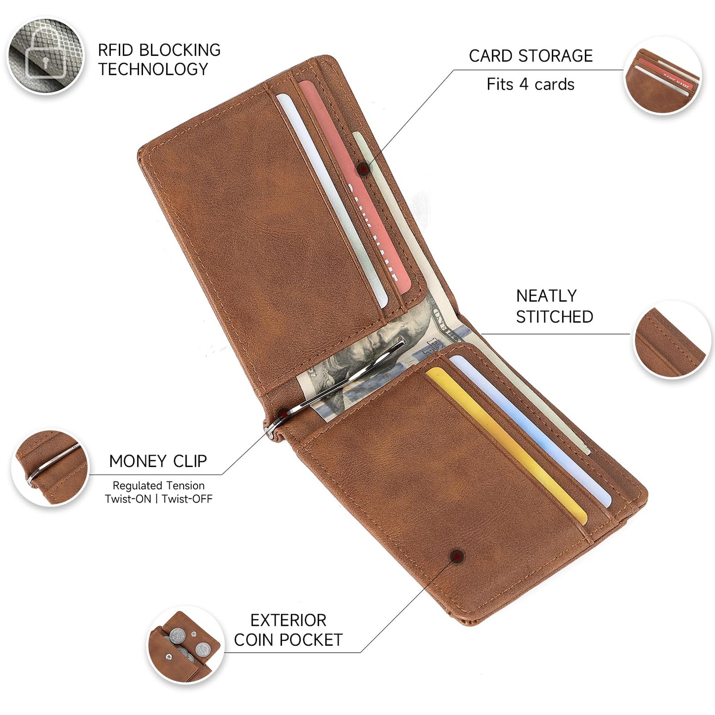 LOUEBICA Slim Wallets for Men with Money Clip RFID Blocking Front Pocket Wallet Thin Bifold Card Holder Wallet with Coin Pocket