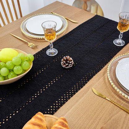 FEXIA Black Table Runner for Summer Home Decor with Tassels 108 Inches Long Farmhouse Rustic Black Halloween Table Runner Macrame Gothic Burlap Table Decoration for Living Room (12x108 Inches)