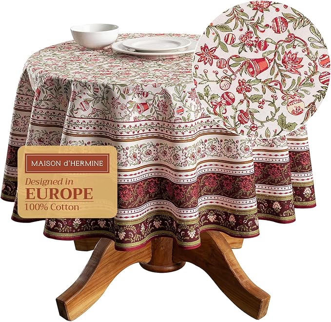Maison d' Hermine Table Cloth Round Table 100% Cotton 63 Inches Fall Tablecloth Reusable Everyday Use for Thanksgiving Christmas Decorations Dining Farmhouse Party (Reveillon Au Jardin)